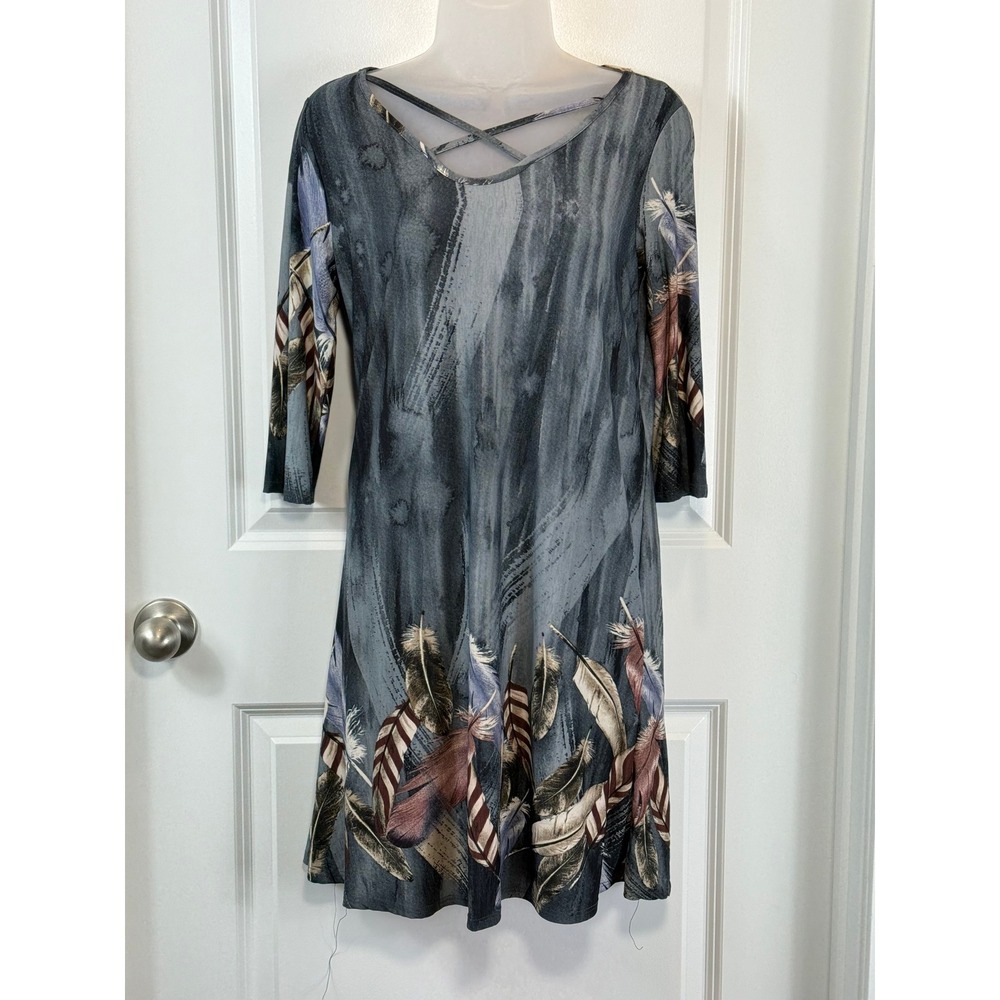 Abstract Feather Print V Neck 3/4 Sleeve Dress Small Art Boho S Statement Mini